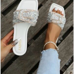 Fashion Union Glittering Silver Slide Sandals